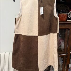 Colorblock Faux Suede Shift Dress - Brown/Cream